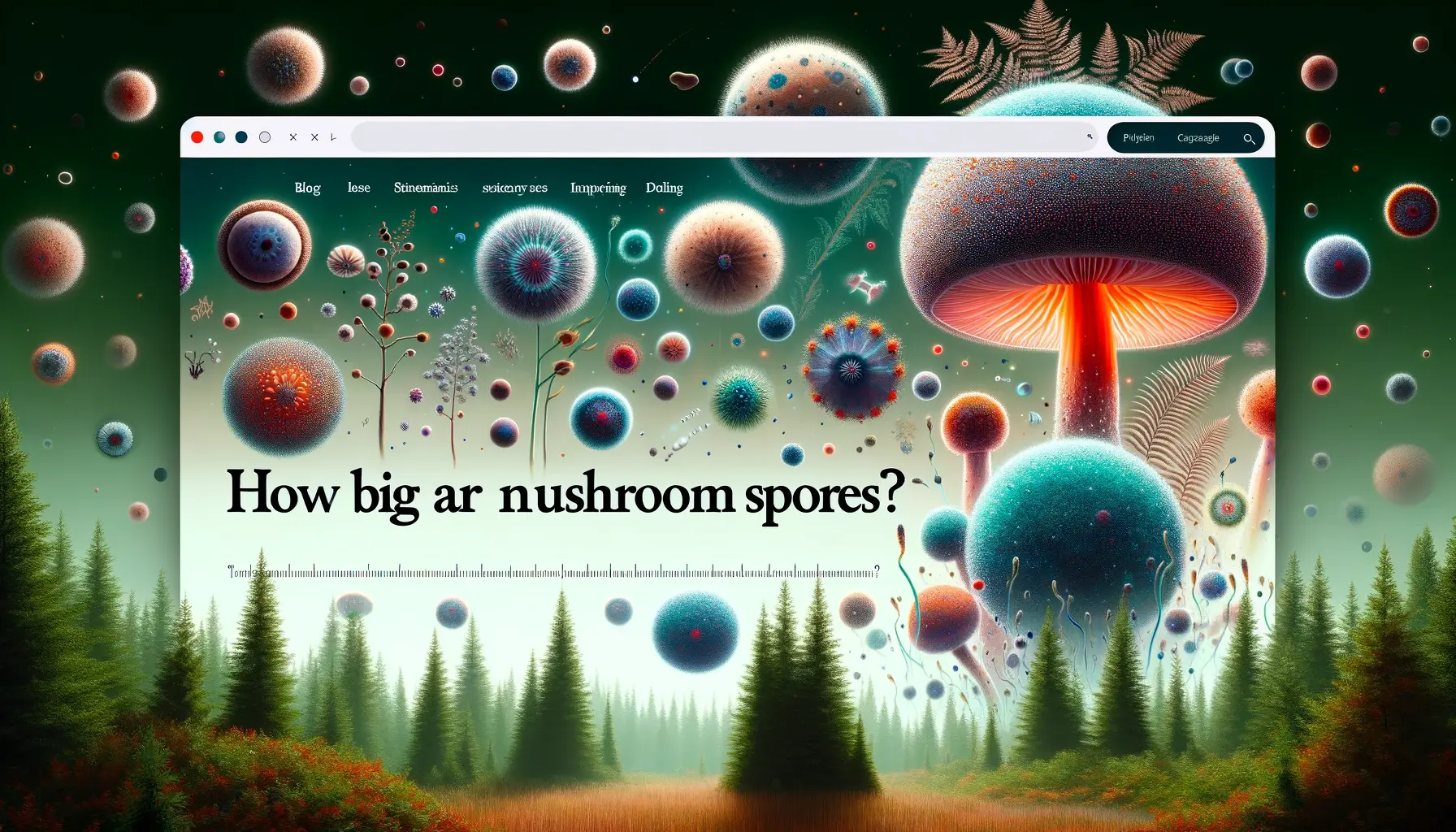 A visually captivating, wide image for a blog header titled 'How Big Are Mushroom Spores?' featuring an artistic interpretation of mushroom spores magnified against a backdrop of a dense forest. The spores are depicted in various sizes, from minuscule to slightly larger, floating ethereally above the forest floor. The image combines elements of mystery and science, with spores illustrated in vivid colors to stand out against the green and brown hues of the forest. The title of the blog is elegantly placed in the top or bottom third of the image, ensuring it does not detract from the artwork itself.