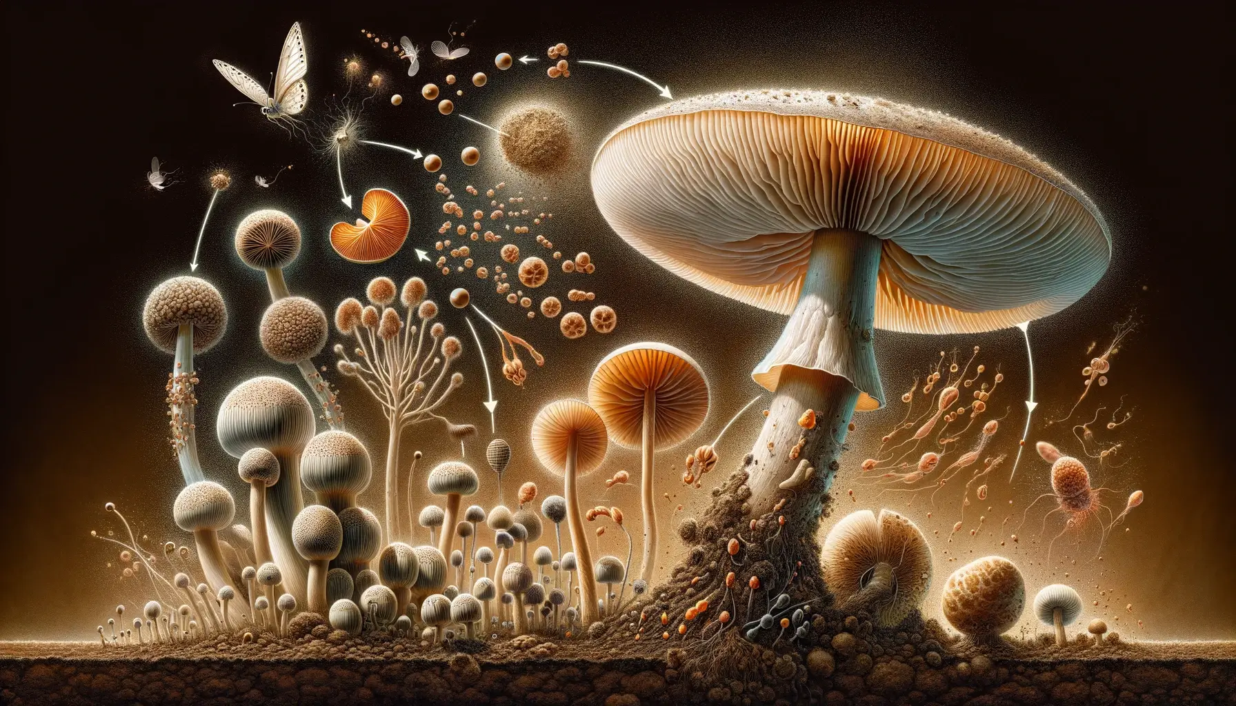 A detailed and informative illustration showcasing the lifecycle of mushrooms and how their spores work, perfect for a feature image on 'How do mushroom spores work?'. The image visualizes mushrooms in various stages of growth, from spore dispersal to the development of mycelium and the eventual emergence of fruiting bodies. Highlighted are the tiny, almost invisible spores being released from the gills underneath a mushroom cap, carried away by the wind. The background is filled with a rich, dark soil, emphasizing the natural habitat where mushrooms thrive. This illustration combines both scientific accuracy and artistic representation to explain the complex process in an engaging way.
