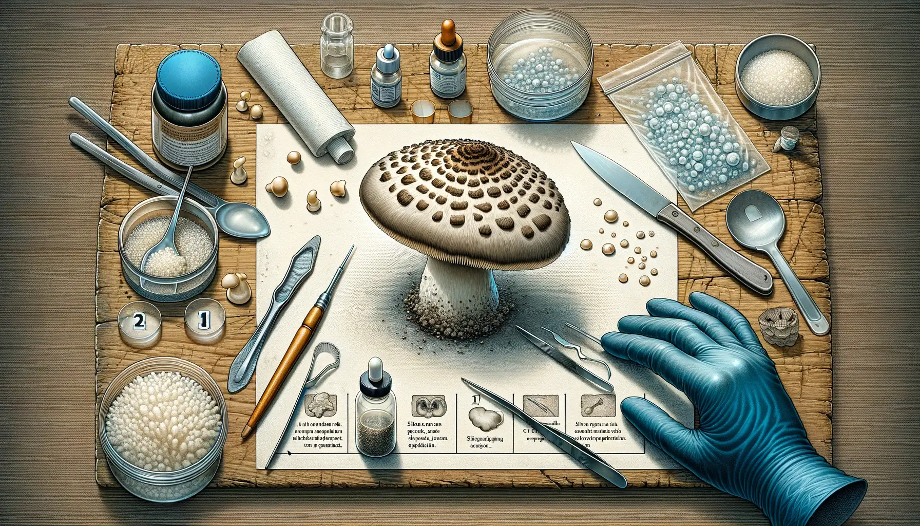 Illustration of mushroom spore collection process with labeled equipment on a workspace.