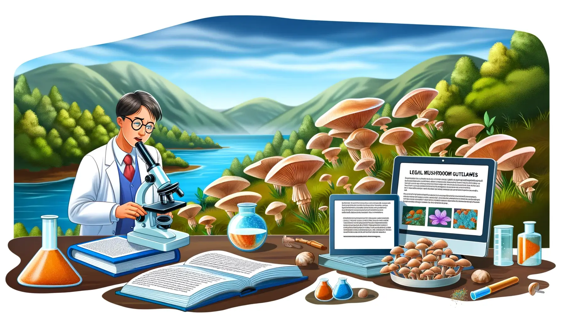 Scientist examining mushroom spores in a lab, surrounded by legal guides and nature.