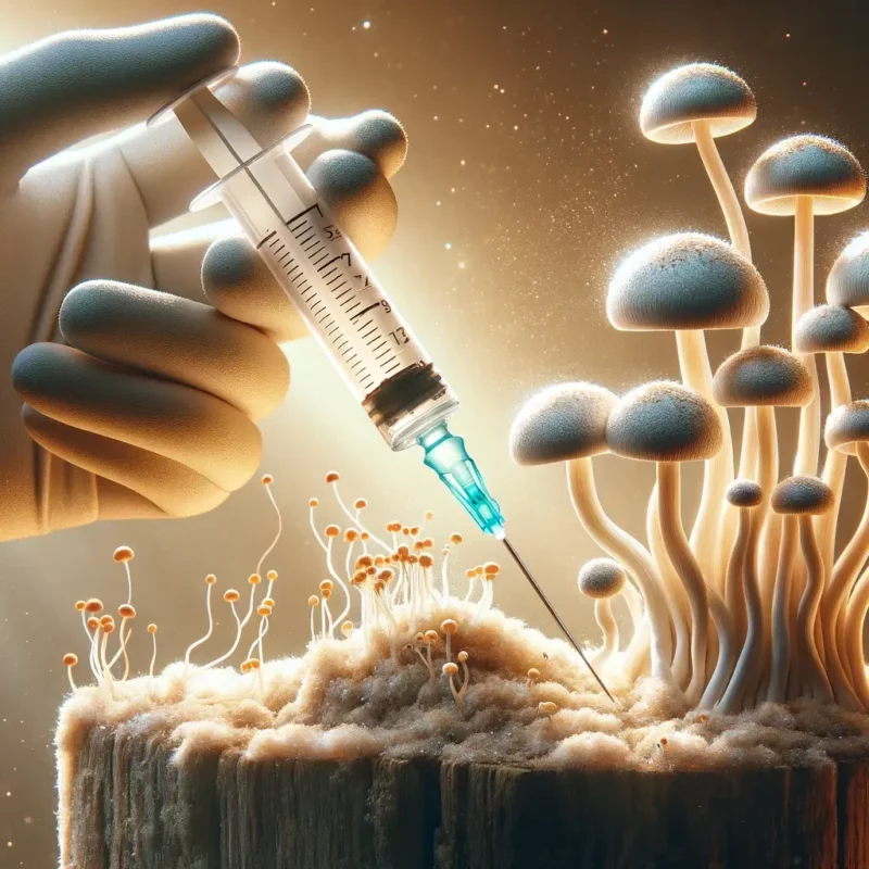 Elegant depiction of mushroom spores growing from a syringe into mushrooms