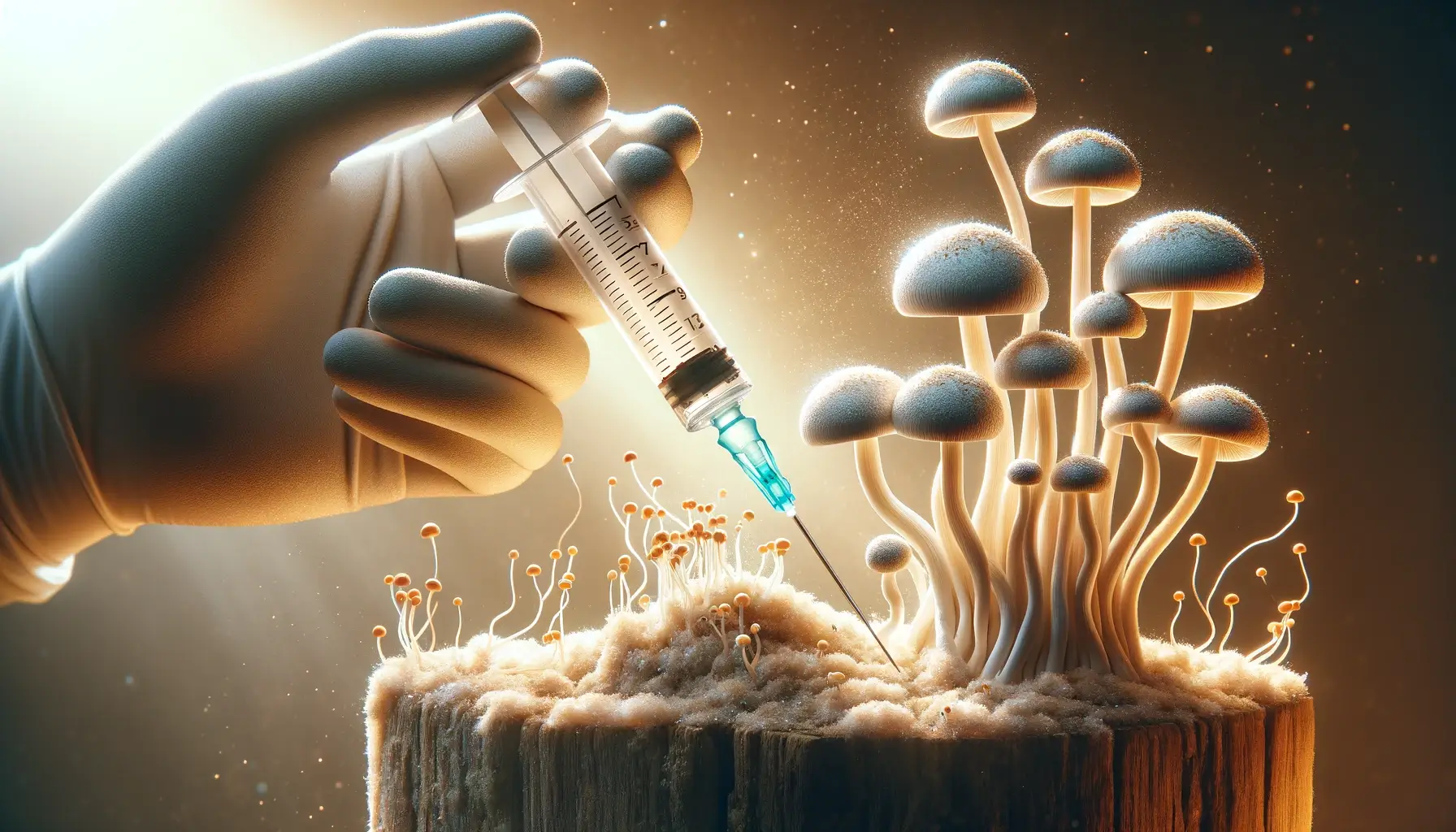 Elegant depiction of mushroom spores growing from a syringe into mushrooms