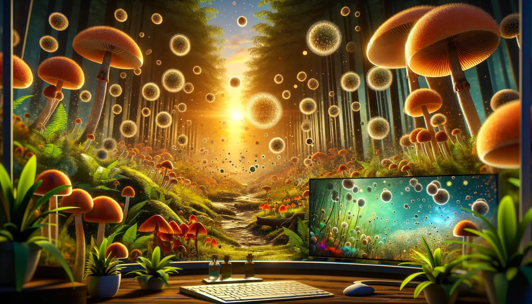 A wide panoramic image capturing the essence of 'Intro to Mushroom Spores.' The image features a variety of mushrooms in a lush, vibrant forest, with a focus on the tiny spores being released into the air. The scene is animated with microscopic views of spores floating, emphasizing their role in the ecosystem. The setting sun casts a golden light over the scene, enhancing the magical atmosphere of discovery and the beginning of the mushroom life cycle.