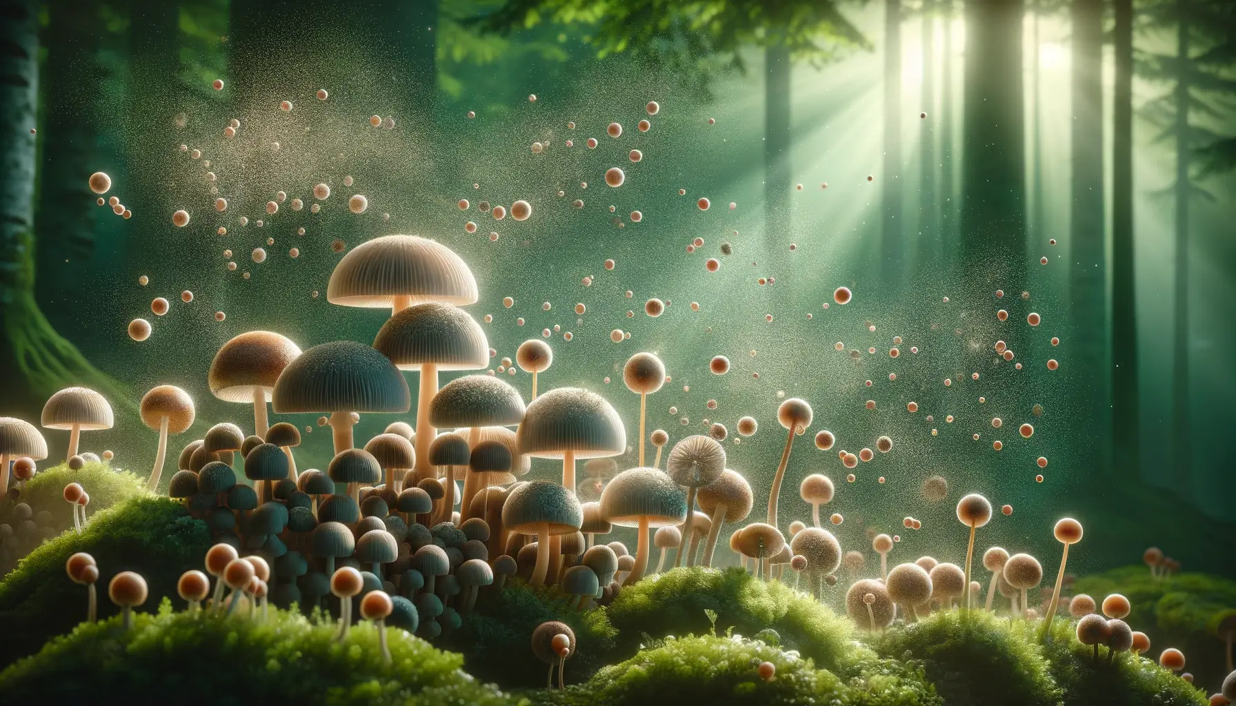 A captivating 16:9 landscape image illustrating the concept of mushroom spores. The scene depicts a close-up view of a variety of mushrooms in their natural forest habitat. Some mushrooms are releasing spores into the air, visible as fine, mist-like particles. The background features a lush, green forest under soft, diffused sunlight, highlighting the intricate details of the mushroom caps and spores, showcasing the beauty and complexity of fungal reproduction.