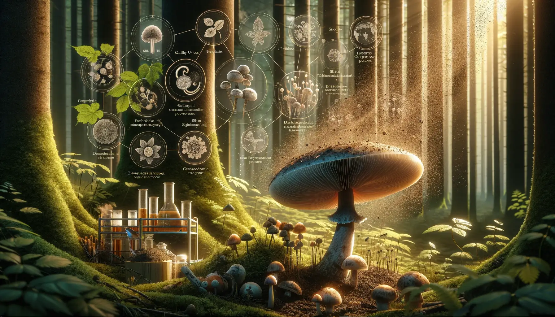 A visually captivating and informative 16:9 featured image illustrating the various uses of mushroom spores. The image should depict a serene forest setting with a close-up of a mushroom on one side, releasing its spores into the air. Surrounding the mushroom, small, detailed illustrations or icons should represent the different applications of mushroom spores, such as in culinary uses, medicinal purposes, ecological benefits like soil enrichment and decomposing organic matter, and scientific research. The image should convey the idea that mushroom spores are not only a fundamental part of the mushroom's life cycle but also have versatile uses that benefit humans, the environment, and science. The background should subtly incorporate elements that suggest a symbiotic relationship with the ecosystem, like plants thriving due to enriched soil and a laboratory setting in the backdrop to hint at scientific research.