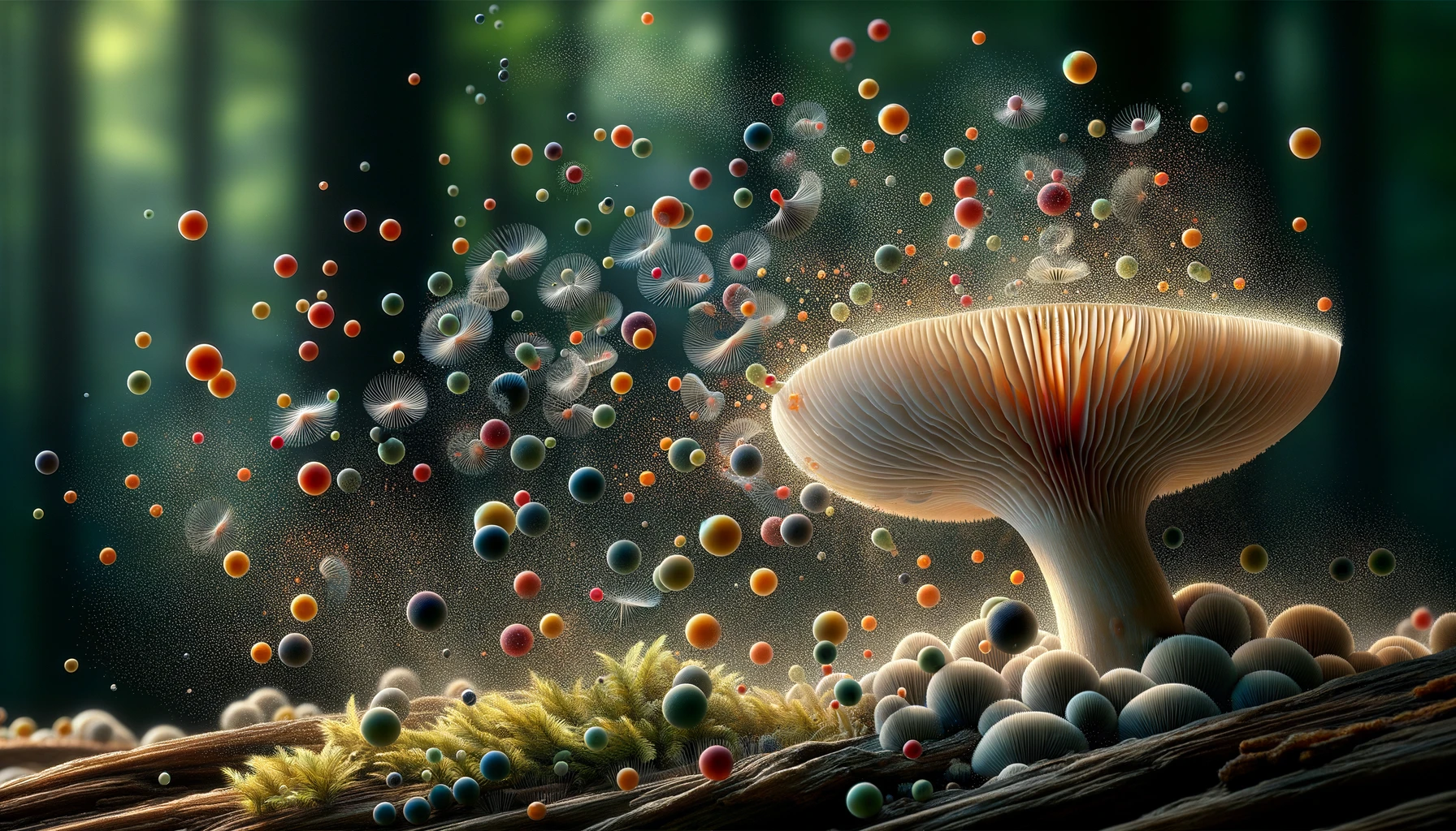 A close-up, detailed illustration of mushroom spores dispersing from the gills of a mushroom, showcasing a variety of spore colors against a natural, forest background. The image should capture the moment of dispersal, with spores floating away in the air, to visually represent the microscopic beauty and complexity of mushroom reproduction. Include a single mushroom in the center with visible gills releasing tiny, colorful spores into the surrounding forest atmosphere, highlighting the magical and intricate process of spore dispersal. The style should be realistic yet with an artistic touch to emphasize the spores' details and the natural environment.