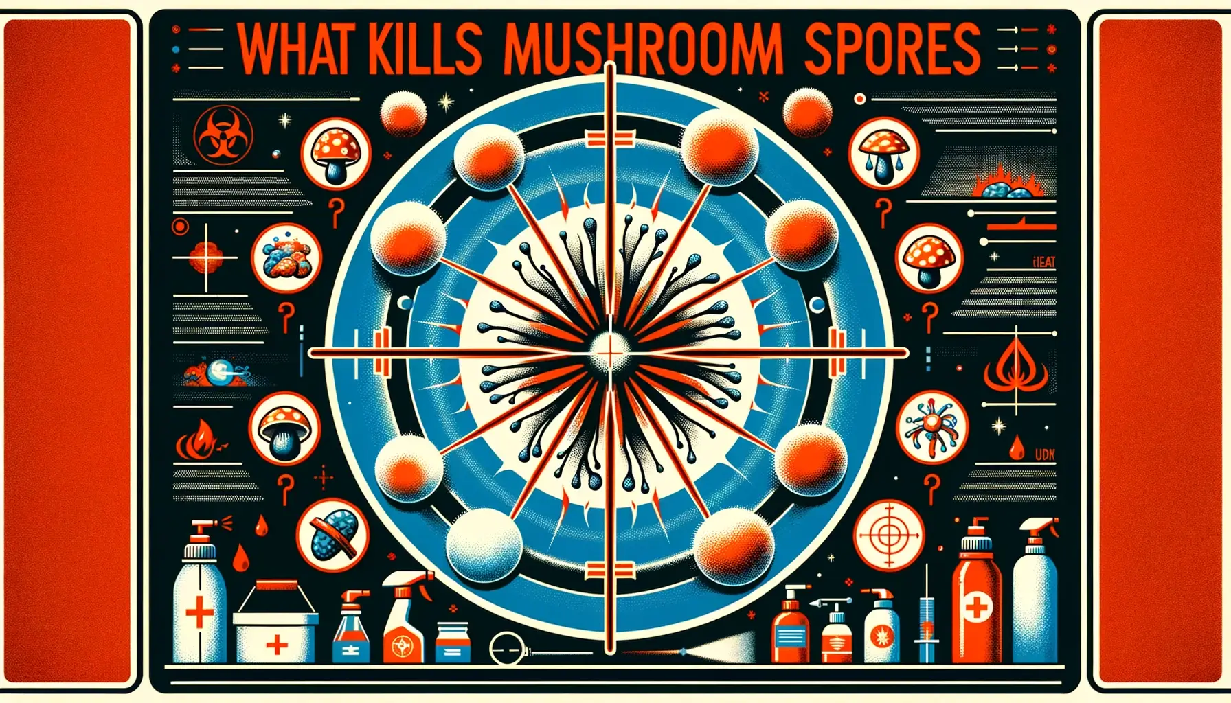 Create an informative and visually engaging featured image for the topic 'what kills mushroom spores'. The image should include a stylized depiction of mushroom spores being eradicated by various sterilization methods such as heat (represented by flames or heat waves), chemical disinfectants (depicted by spray bottles or droplets), and UV light (illustrated with rays of light). The background should symbolize a battle against contamination, with elements like crosshairs or targets on the spores, to convey the idea of targeting and eliminating spores effectively. The design should be suitable for educational content, without any human or animal figures, focusing on the spores and sterilization techniques.