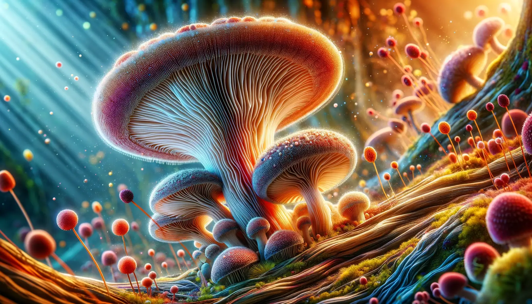 A stunning, detailed image of mushrooms in their natural habitat, highlighting the specific parts like gills, pores, or teeth from which spores are released. The scene is rich in colors and textures, showcasing a vibrant ecosystem with a focus on the mushroom's intricate structures. This image serves as an engaging and informative visual for 'Where Do Mushroom Spores Come From' and invites the viewer to explore the origins of mushroom spores in a natural setting.