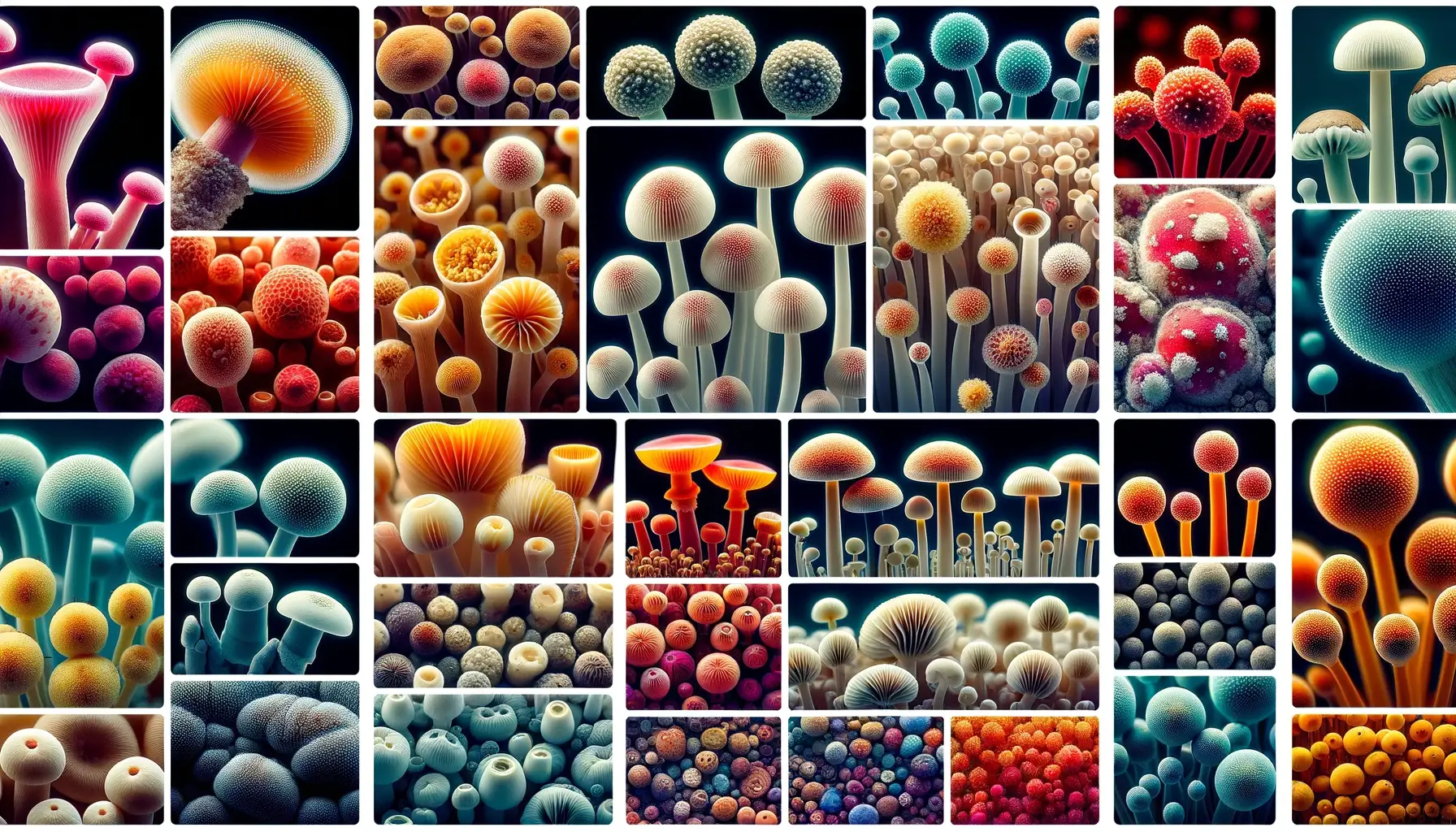 various types of mushroom spores under a microscope, showing a range of colors and patterns