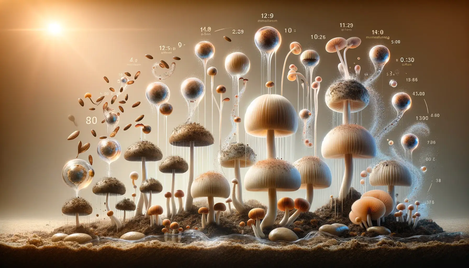 Serene depiction of mushroom spores colonizing, showcasing growth stages in a natural setting.