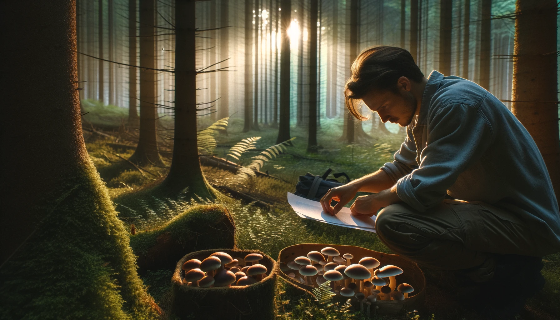 Person collecting mushroom spores in a forest at dawn, showcasing a connection with nature.