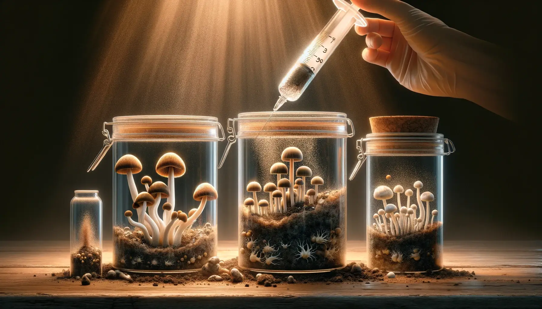 Step-by-step visualization of mushroom spore germination, from inoculation to initial mushroom growth, in a natural setting.
