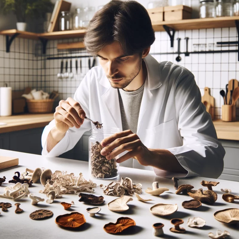 A person collects spores from dried mushrooms on a white surface in a bright kitchen.