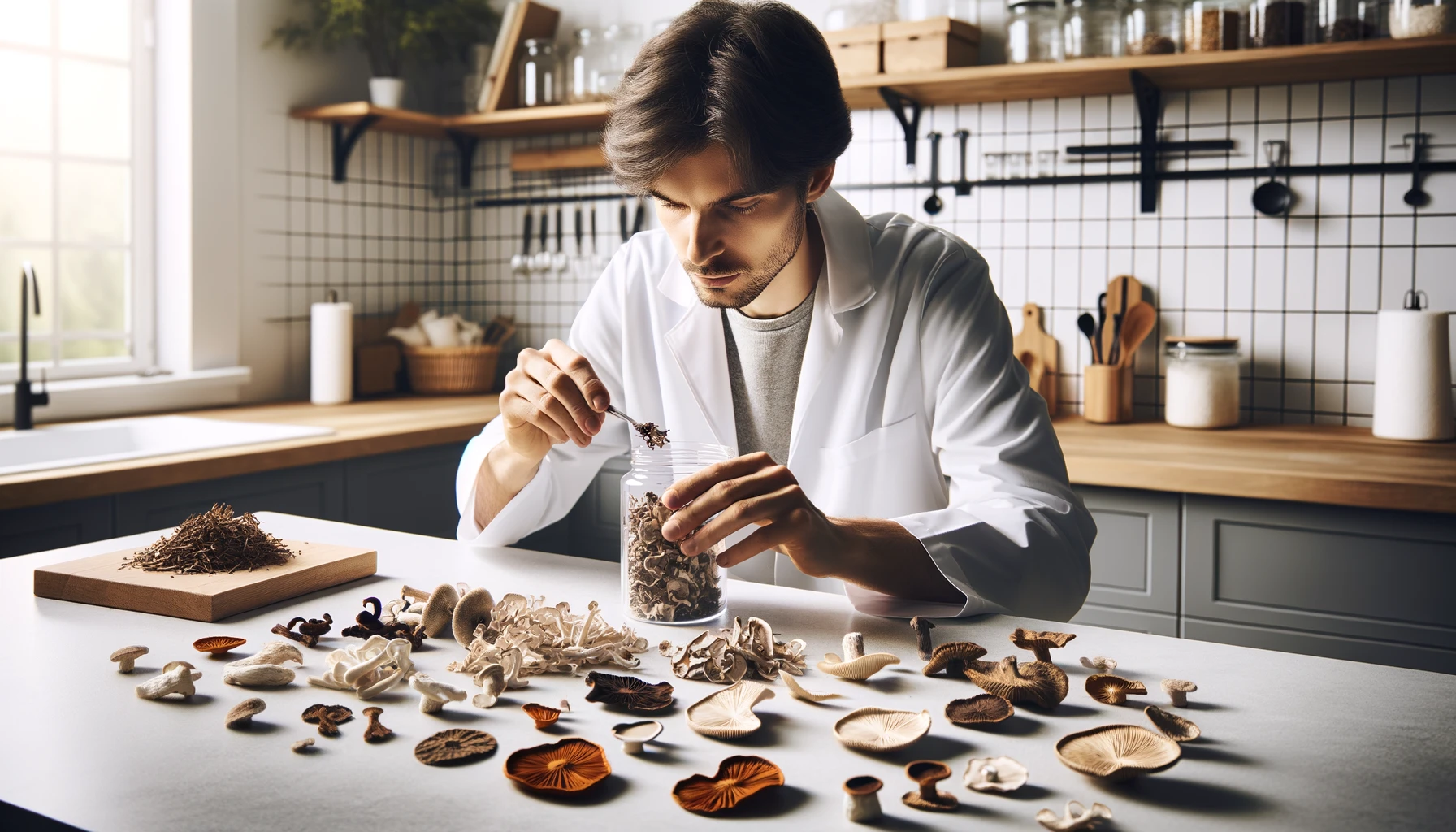 A person collects spores from dried mushrooms on a white surface in a bright kitchen.