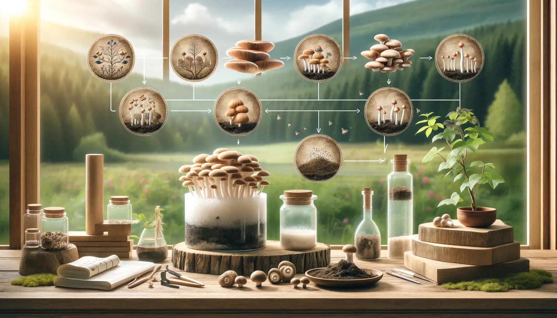 Elegant depiction of mushroom spore cultivation stages, from substrate preparation to growth, in a serene setting.